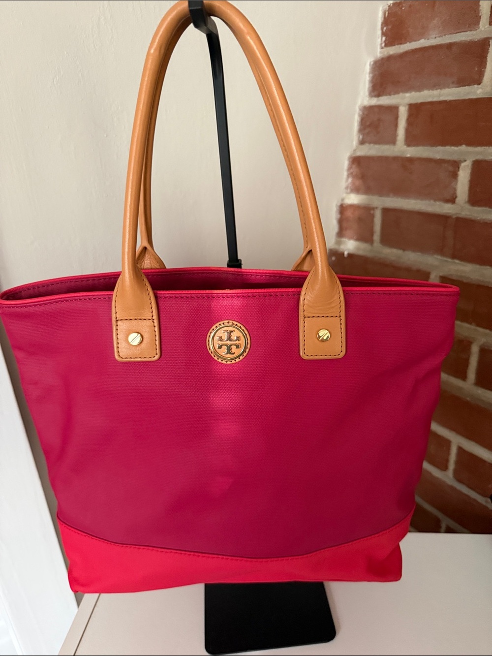 Tory Burch Fuchsia Nylon Tote with Tan Leather Handles